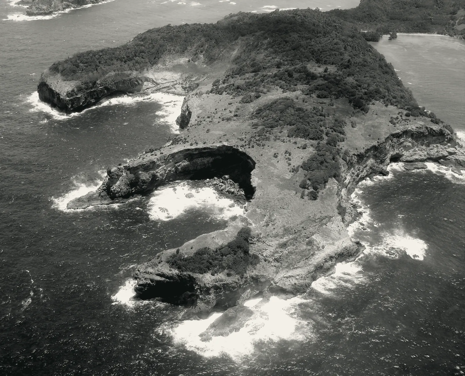 Aerial photograph of the Trou Gras Point headland and its coves on St. Lucia's Atlantic coast