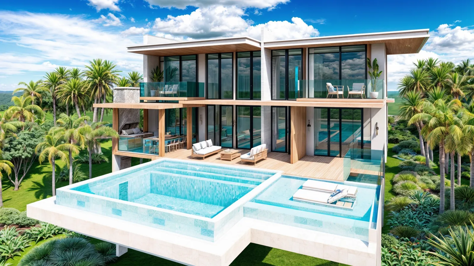 Artist's impression of a contemporary villa with terraced pools