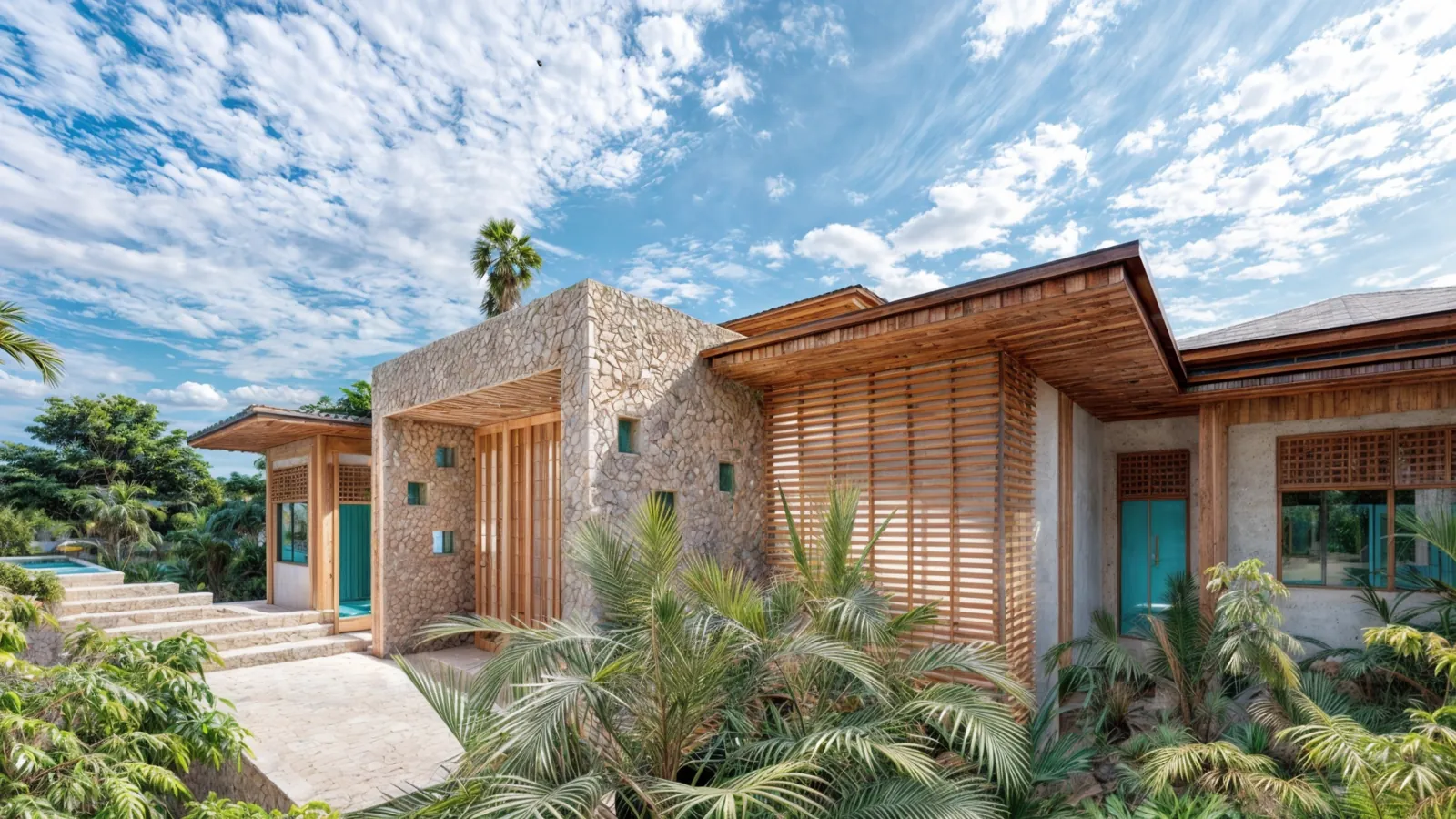 Artist's impression of a stone and timber villa set among palms, CG Master Plan